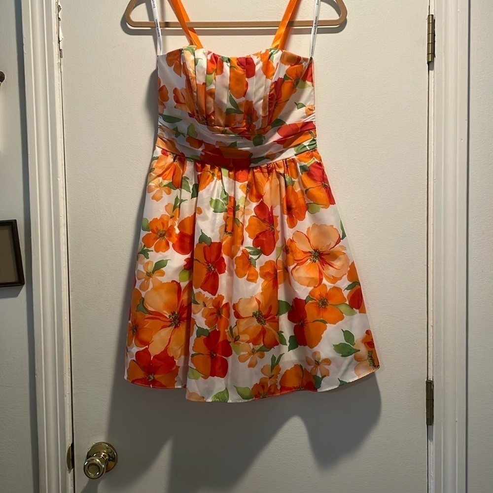 David's Bridal Burst Orange Red Floral Maxi Sundress